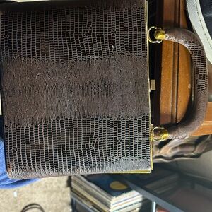 Vintage 1950s Faux Lizard Frame Purse Brown Top Handle Accordion Bag